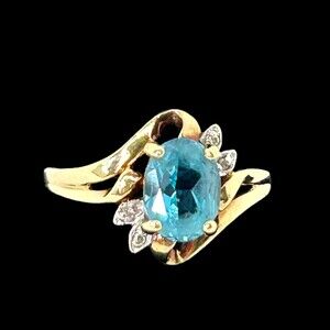 10K Yellow Gold Aquamarine Swirl Diamond Ring Size 6.5 Vintage